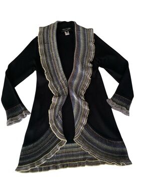 Angel by Sabri Ozel Cardigan Sweater Women L Black Stripes Knit Wool Long Sleeve